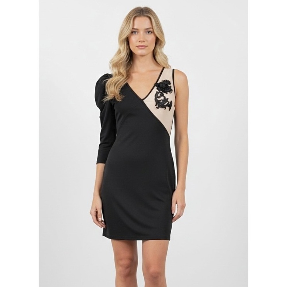 Xhib Womens Black One Shoulder Puff Sleeve Sheer Mesh Floral Mini Dress
